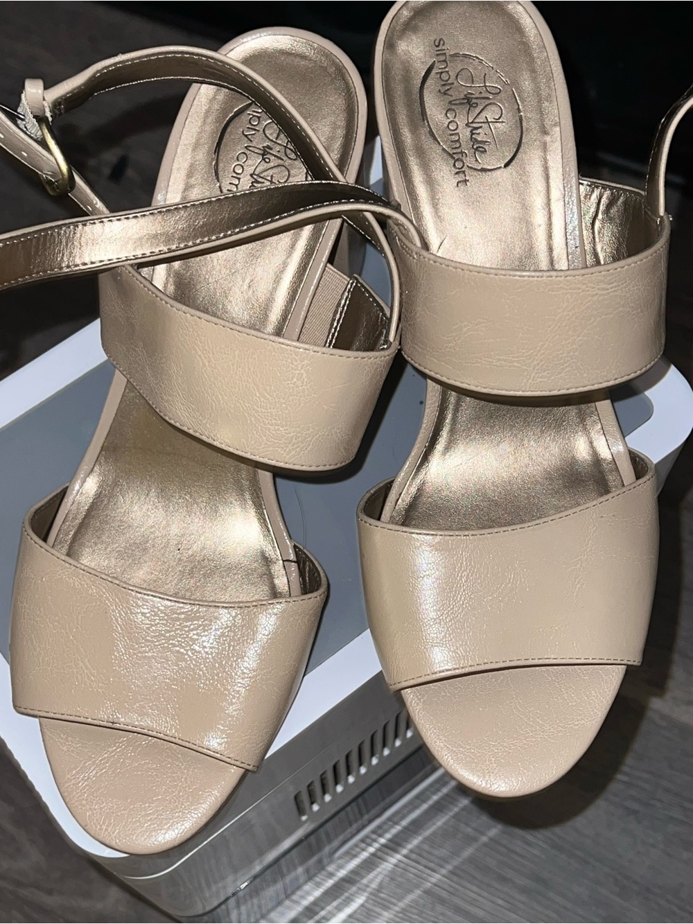 Lifestride Nude Two-Band Open-Toe Heels with Ankle Strap